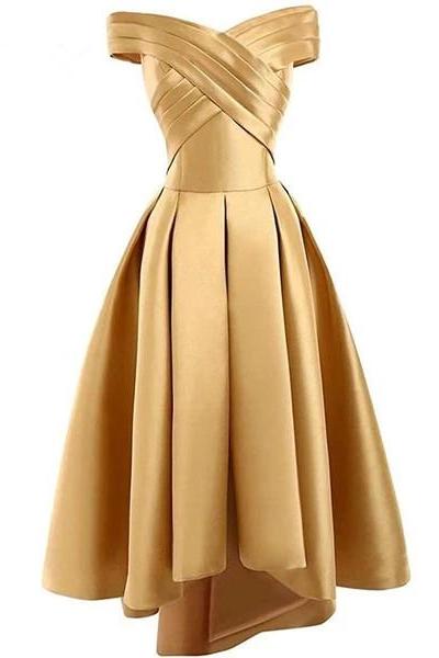 Off the Shoulder Gold High Low Party Dress Semi Formal Occasion