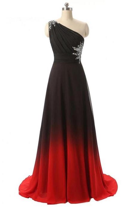 One Shoulder Ombre Chiffon Evening Dresses Long Formal Occasion Wear Pageant Gowns