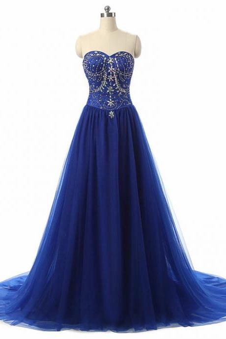 Sweetheart Royal Blue Long Formal Occasion Dresses With Crystals Floor Length Evening Gowns Custom Made