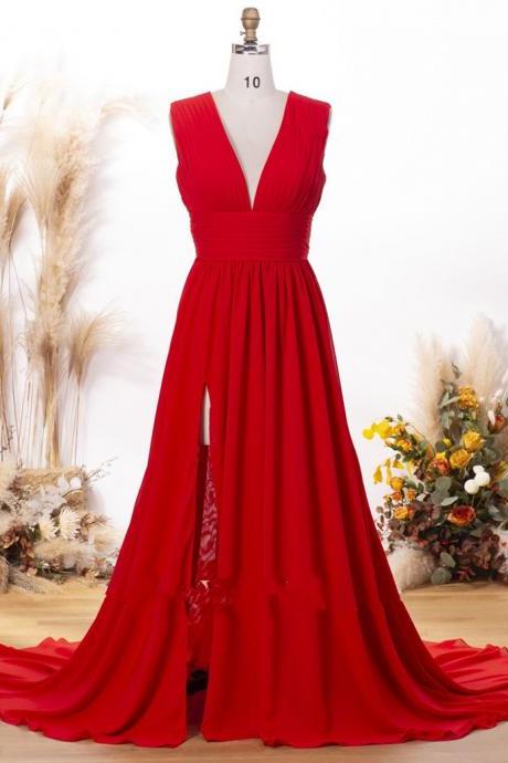 V Neck Red Long Prom Dresses With Slit Floor Length Pageant Evening Gowns Plus Size