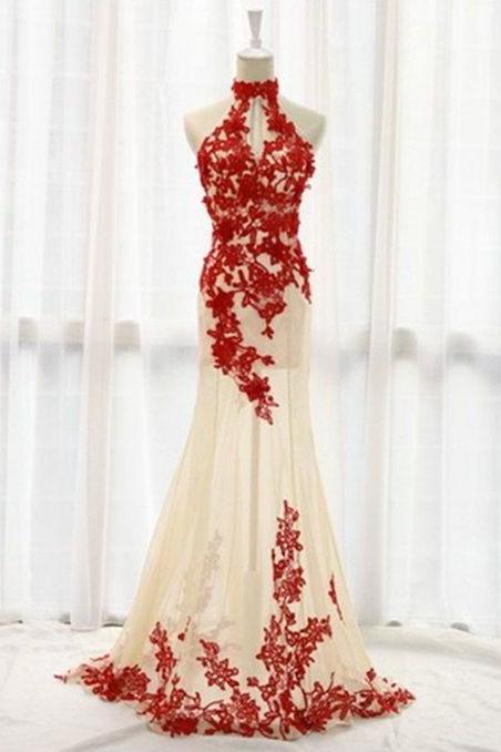 Sheer Tulle Prom Dresses With Red Appliques