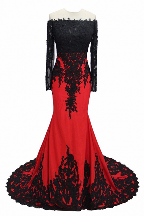 Long Sleeves Sheer Neck Red Formal Occasion Dresses With Black Lace