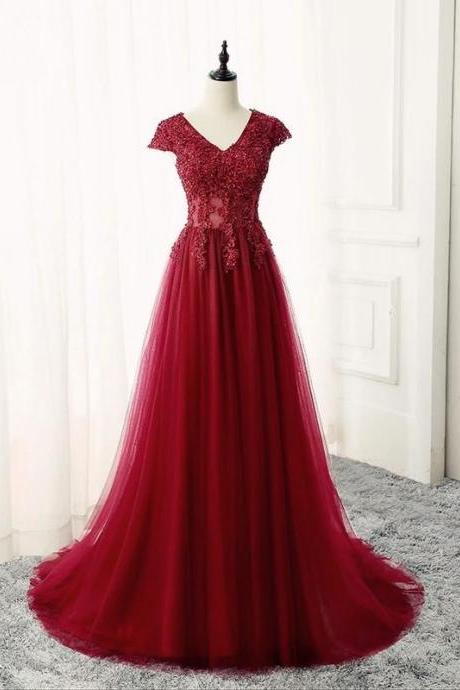 Cap Sleeved A-line Wine Red Formal Occasion Dresses Long Evening Gowns