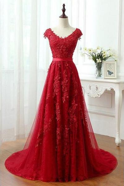 A Line V-neck Red Evening Dresses Long Pageant Gowns