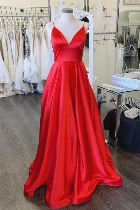 V Neck A-line Red Simple Prom Dresses Long Pageant Evening Gowns