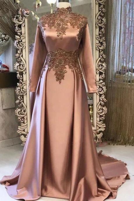 Dubai Style Muslim Long Sleeves Women Formal Evening Gowns Stunning Beaded Appliques Top Satin Brown Long Evening Dresses