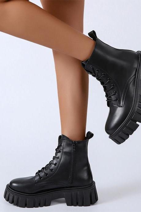 Side Zip Lug Sole Combat Boots For Teenage