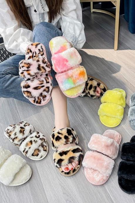 Open Toe Two Band Fluffy Home Slippers for Women Shoes