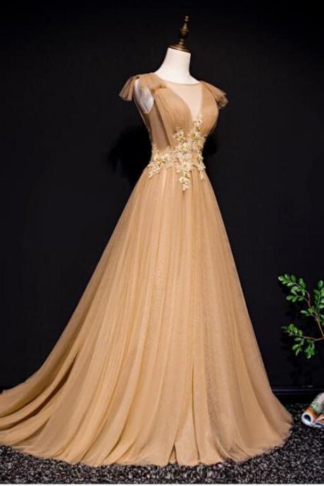 Sheer Neck Gold Long Pageant Dresses Formal Occasion Evening Gowns