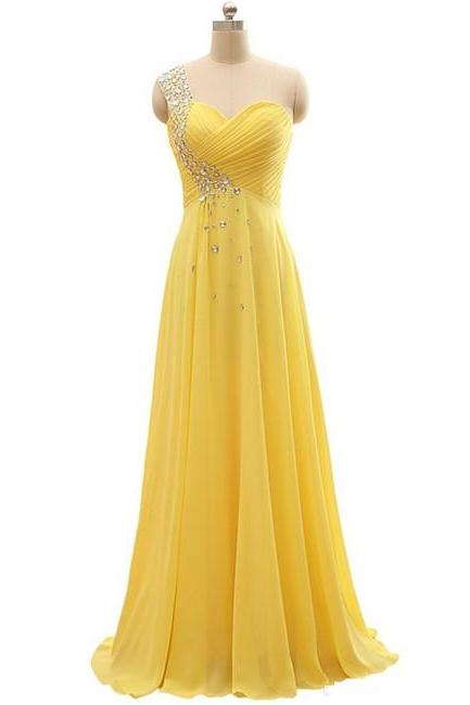 One Shoulder Yellow Maxi Dress Long Pageant Dresses Flowy Evening Gowns
