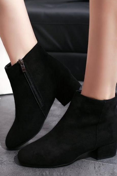 Black Side Zip Suede Boots Winter Shoes