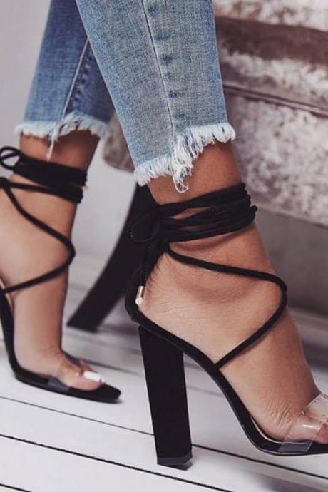 Strappy High Heeled Black Sandals Women Shoes