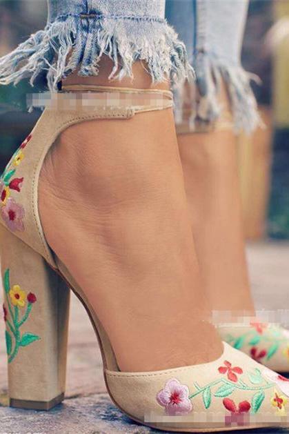 Chunky Heeled Embroidery Women Sandals Shoes