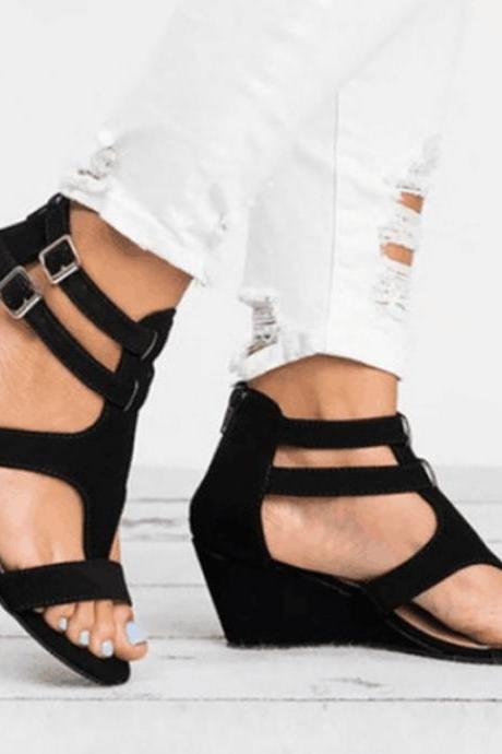 Ankle Strap Black Women Wedge Shoes