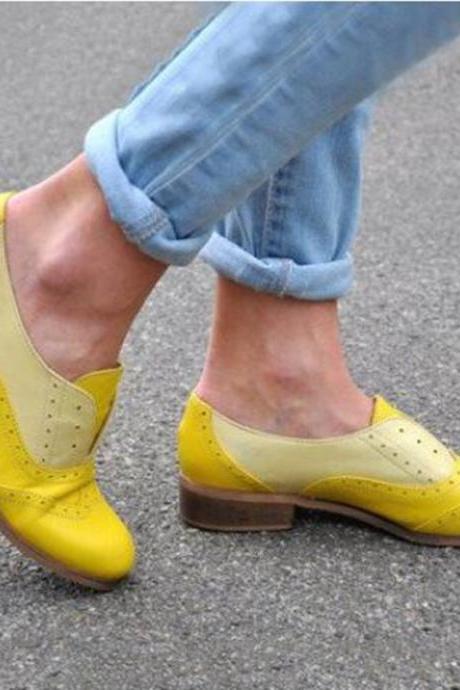 Yellow Leather Women Oxford Shoes 
