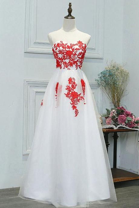 A-line Sheer Sweetheart Neckline White Long Formal Occasion Dress with Red Lace Evening Gowns