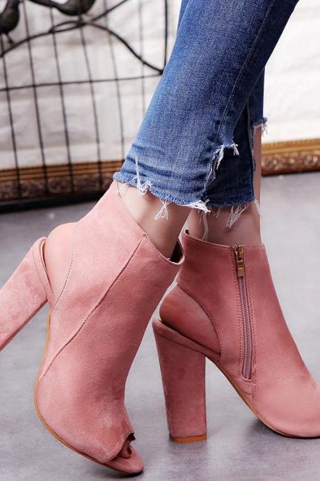 Pink Suede Chunky Heels Sandals Women Shoes