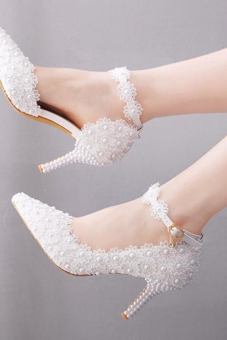 Ankle Straps Women Lace Wedding Shoes with Pearls
