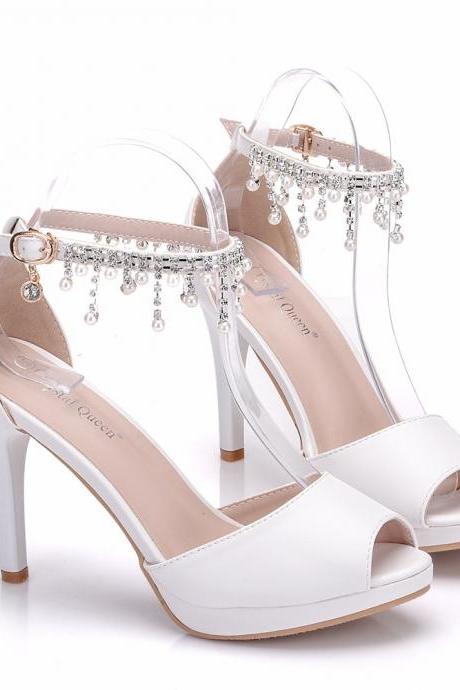 Pearls Detail Peep Toe White Women Heel Sandals
