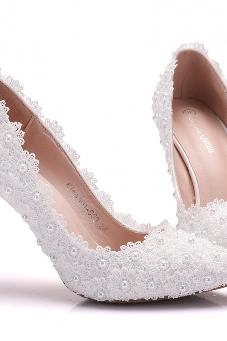 Pearls Detail Lace White Wedding Shoes Women