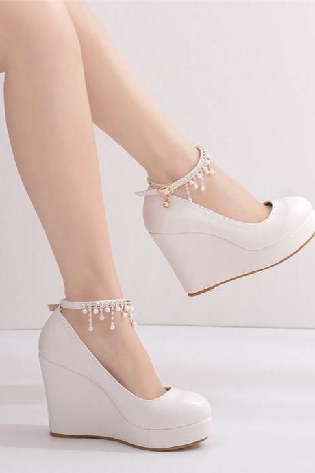 Pearls Decor Ankle Straps Women Platform Wedges 