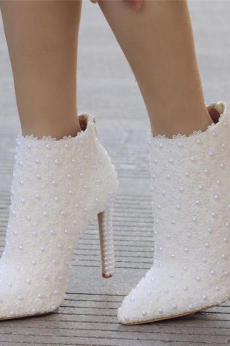Pearls Decor White Ankle Boots Wedding Shoes