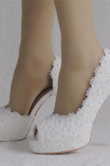 Peep Toe White Lace Wedding Shoes