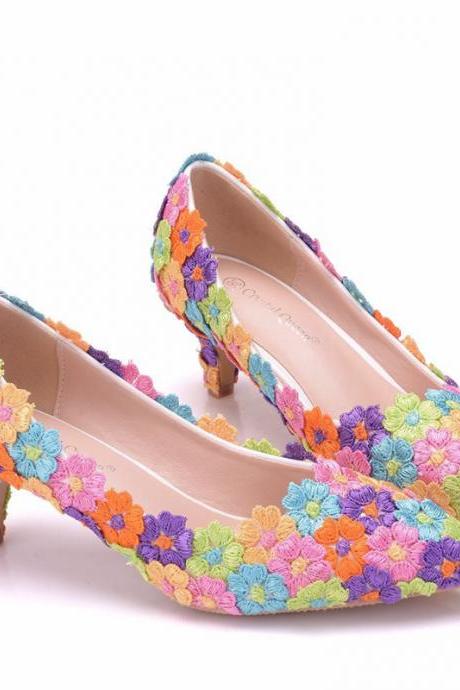 Colorful Lace Kitten Heel Women Shoes
