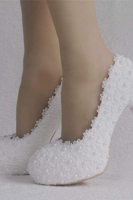 Platform Heels White Lace Wedding Shoes