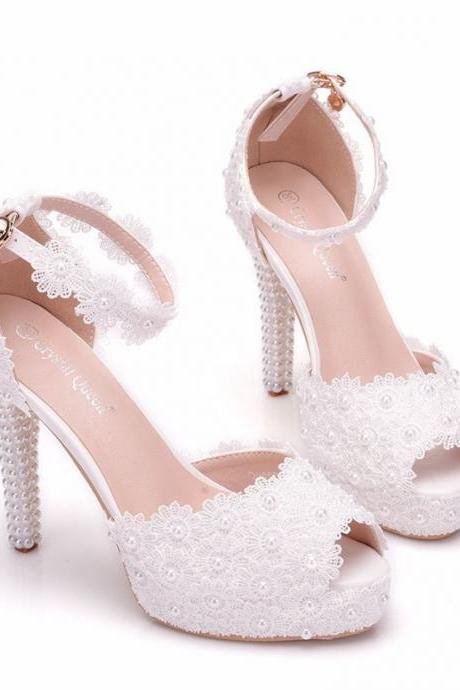 Peep Toe Ankle Strap White Lace Wedding Shoes