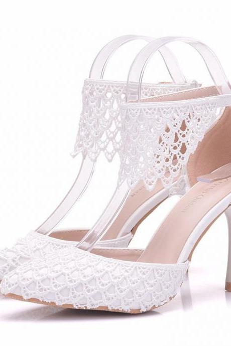 Lace Detail Ankle Strap Stiletto Heels White Wedding Shoes