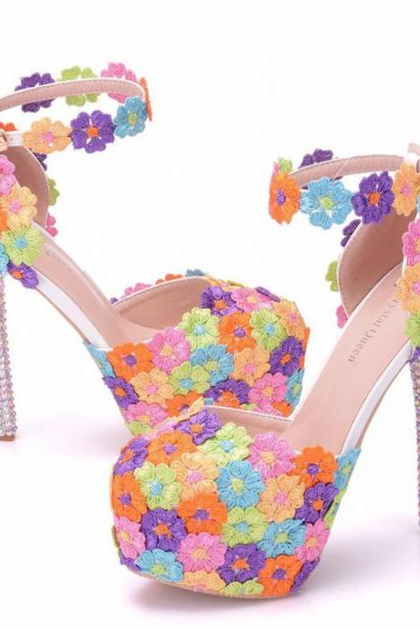 Colorful Lace Details Platform Heels Prom Shoes
