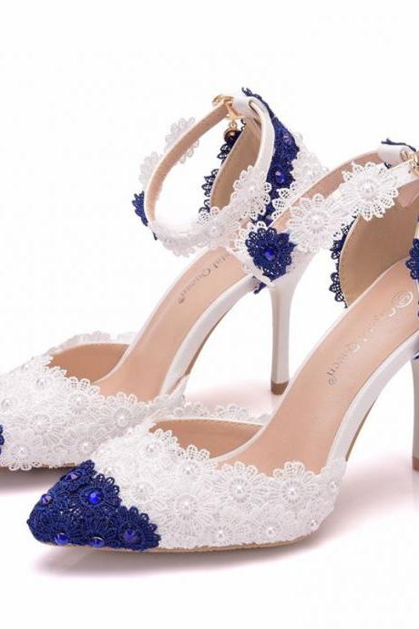 Blue / White Lace Decor Women Heels Shoes