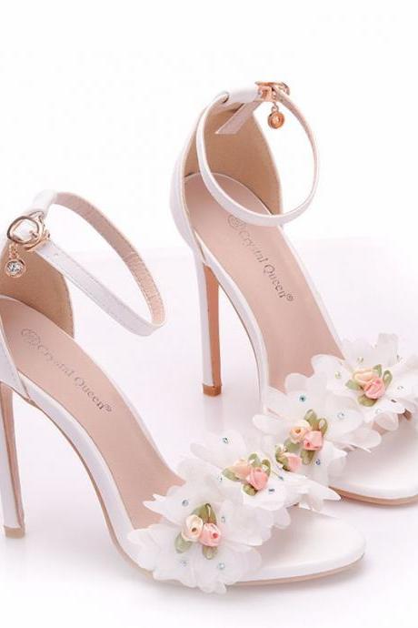 Flowers Decor Ankle Straps Women Heels Sandals Shoes