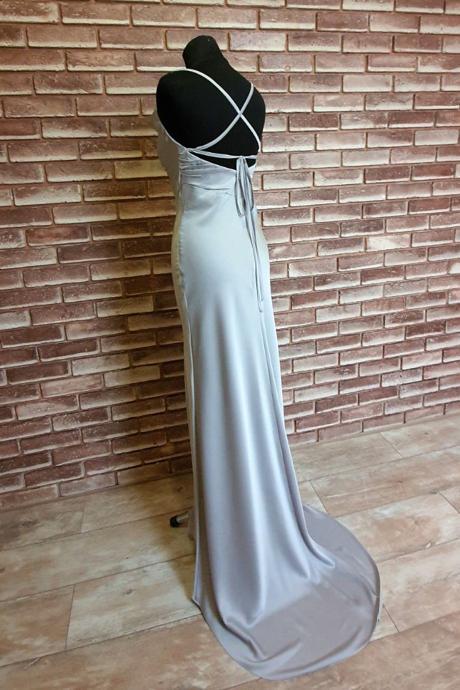 Silver Slit Prom Dress With Tie Back