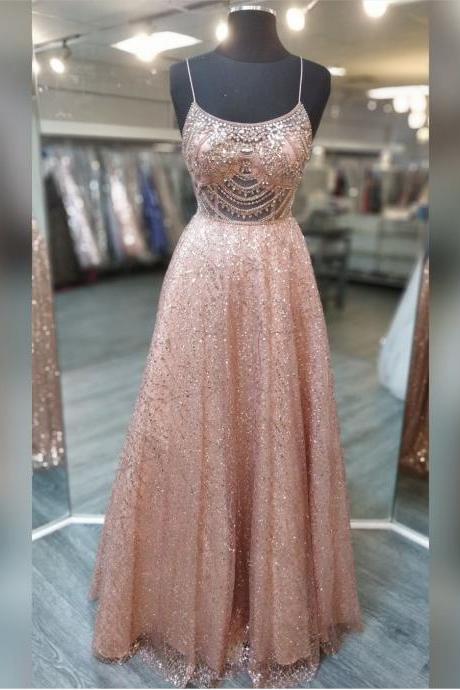 Scoop Neck Rose Gold Glitter Prom Dresses Evening Gowns With Sheer Bodice
