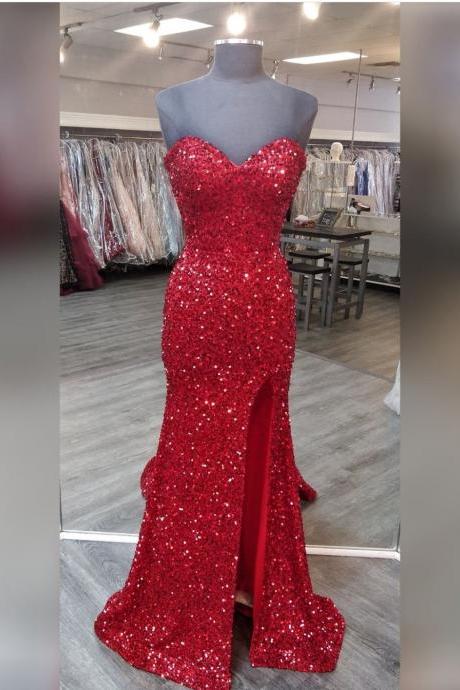 Sleevless Red Sequin Prom Dresses Evening Gowns With Slit
