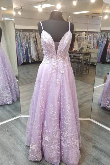 Spaghetti Straps Plunging Neck Lilac Long Prom Dresses Evening Gowns With Lace Overlay