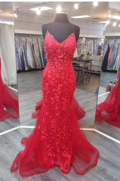 V Neck Red Prom Dresses Evening Gowns with Tie Back