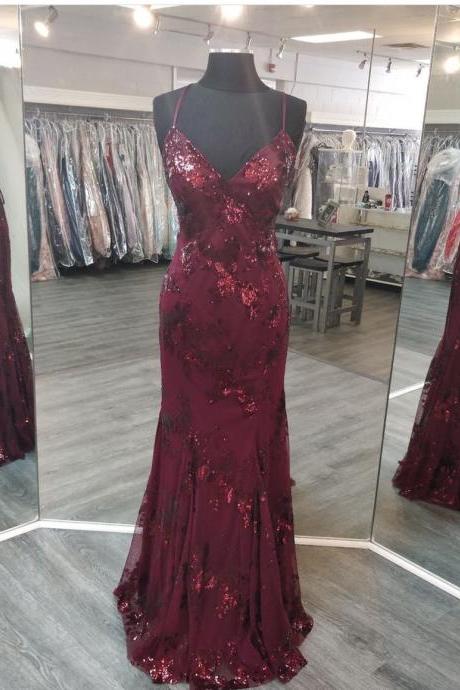 V Neck Maroon Prom Dresses Evening Gowns With Sequin Appliques