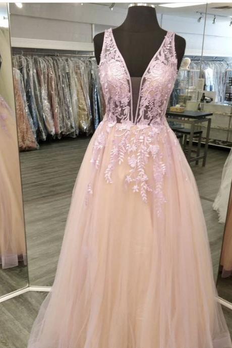 Plunging Neck Blush Prom Dresses Evening Gowns With Pink Lace