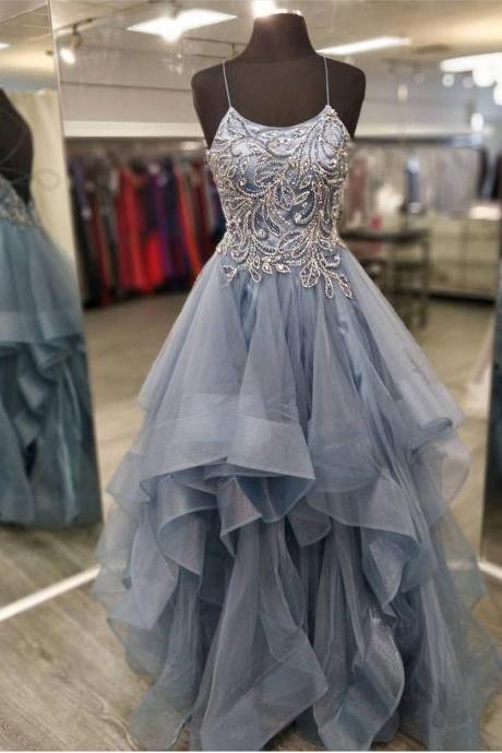 Scoop Neck Gray Prom Dresses Evening Gowns With Tiered Skirt