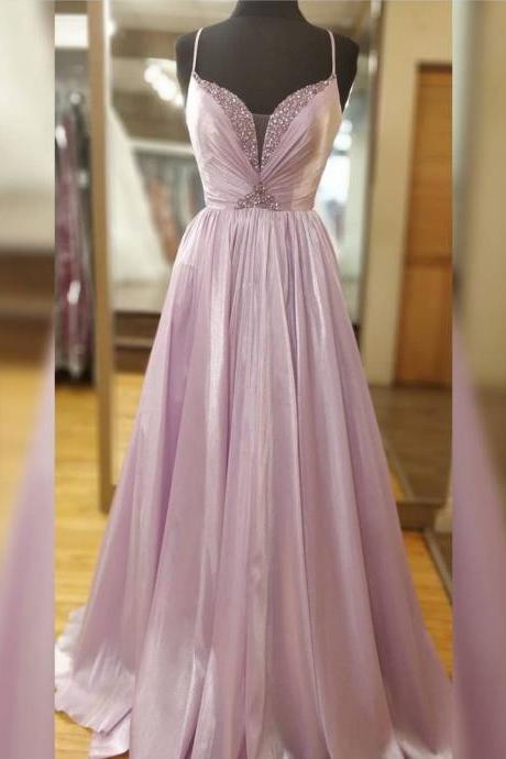 Mesh Neck Satin Prom Dresses Evening Gowns With Beads