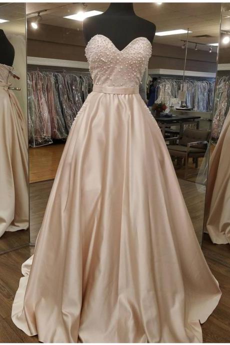 Sweetheart Neck Satin Prom Dresses Evening Gowns With Pearls