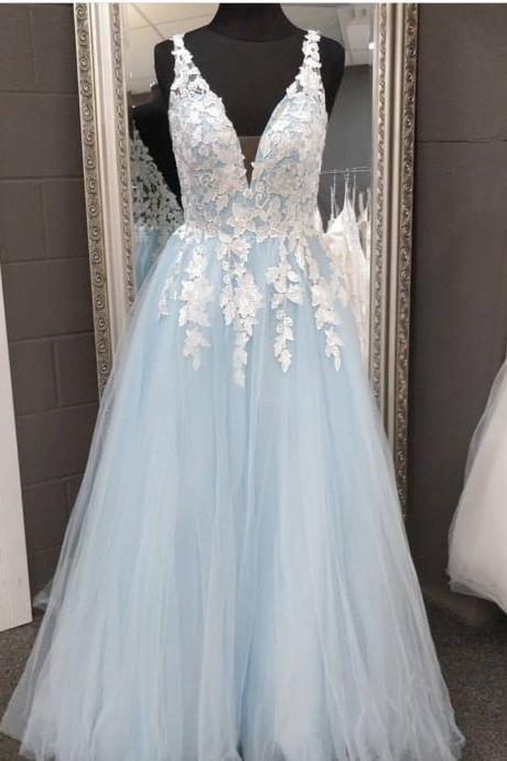 Plunging Neck Light Blue Prom Dresses Evening Gowns With Ivory Lace