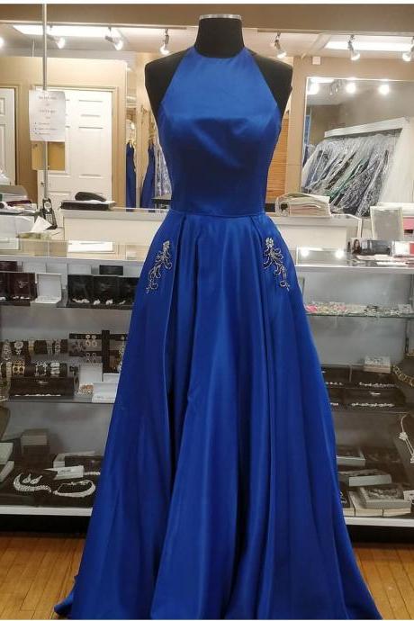 High Neck Royal Blue Satin Prom Dresses Evening Gowns With Pockets