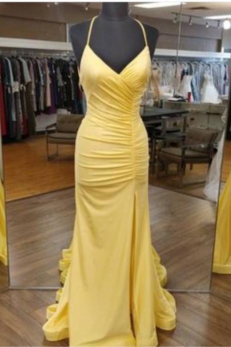 Split Yellow Satin Prom Dresses Evening Gowns with Tie Back