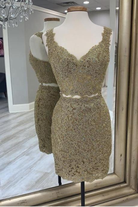 2 Pieces Gold Short Prom Dresses Party