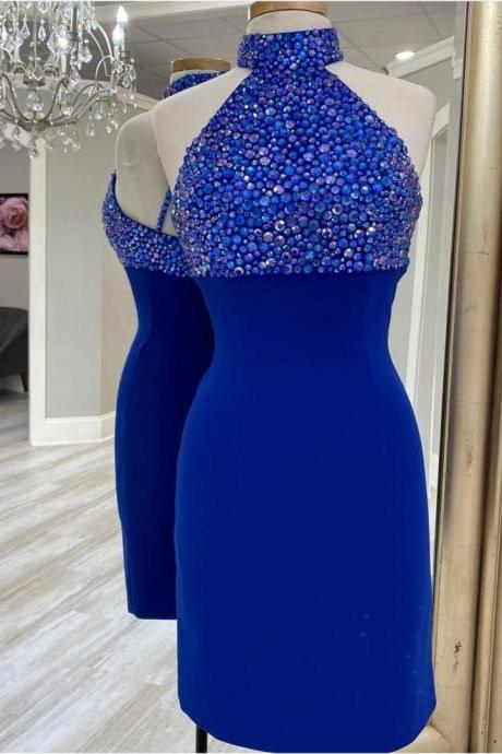 Hich Neck Royal Blue Bodycon Dress With Crystals