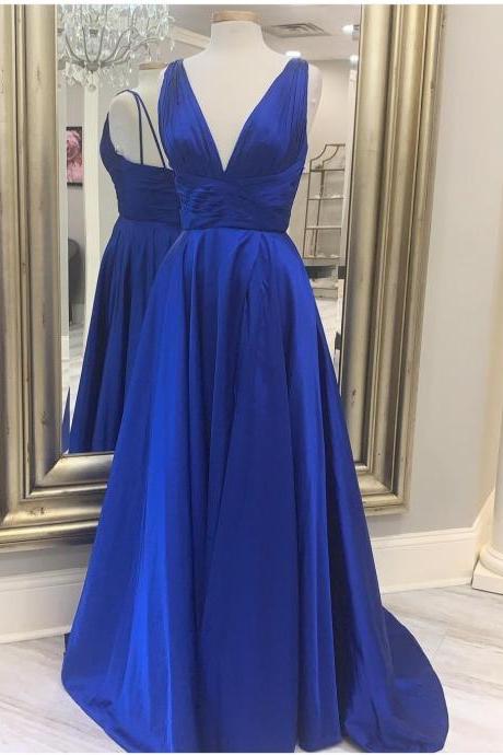 V Neck Royal Blue Long Prom Dress